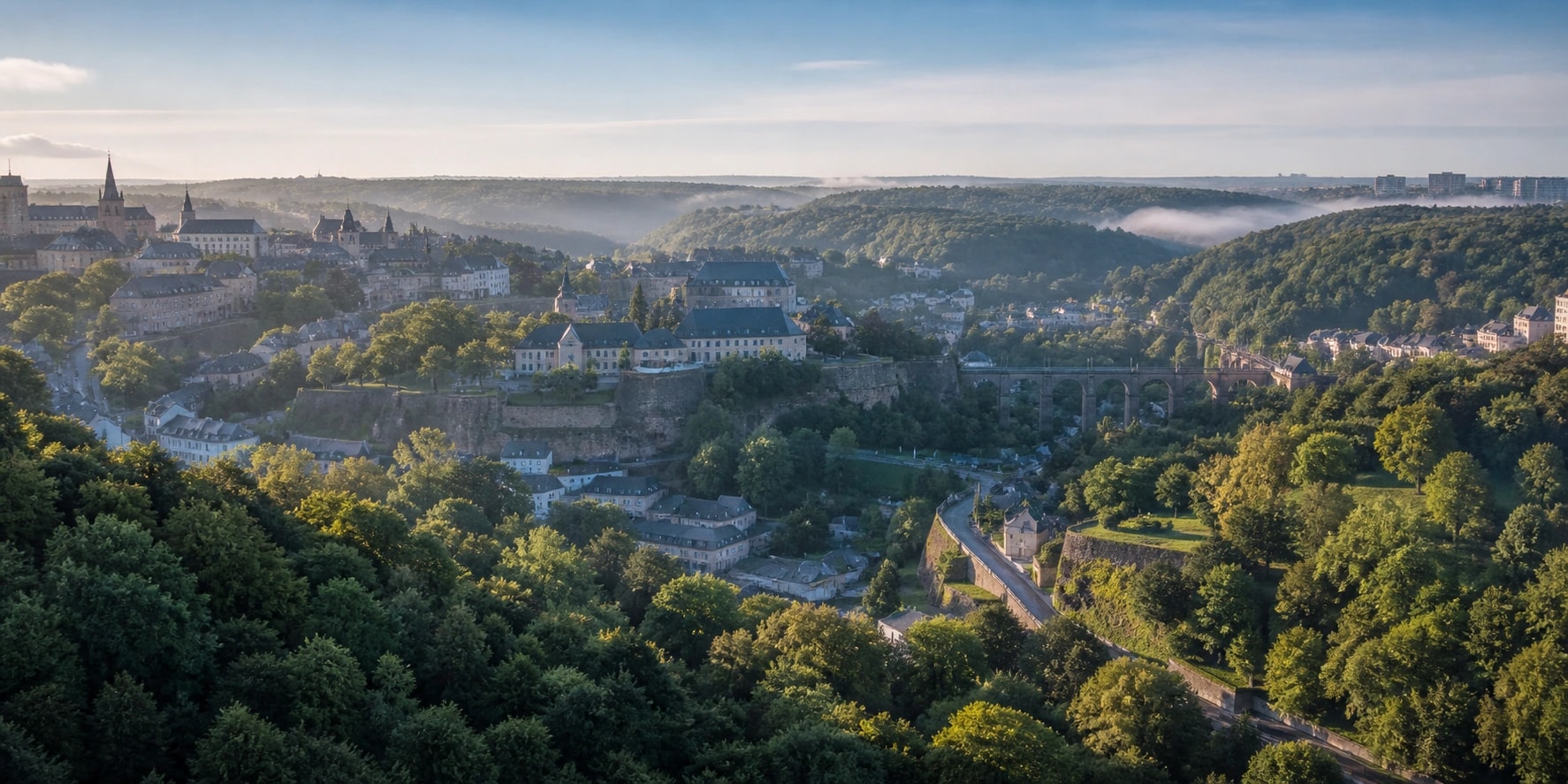 A panoramic view across Luxembourg City's historic valley, fortifications and tree-lined landscape.