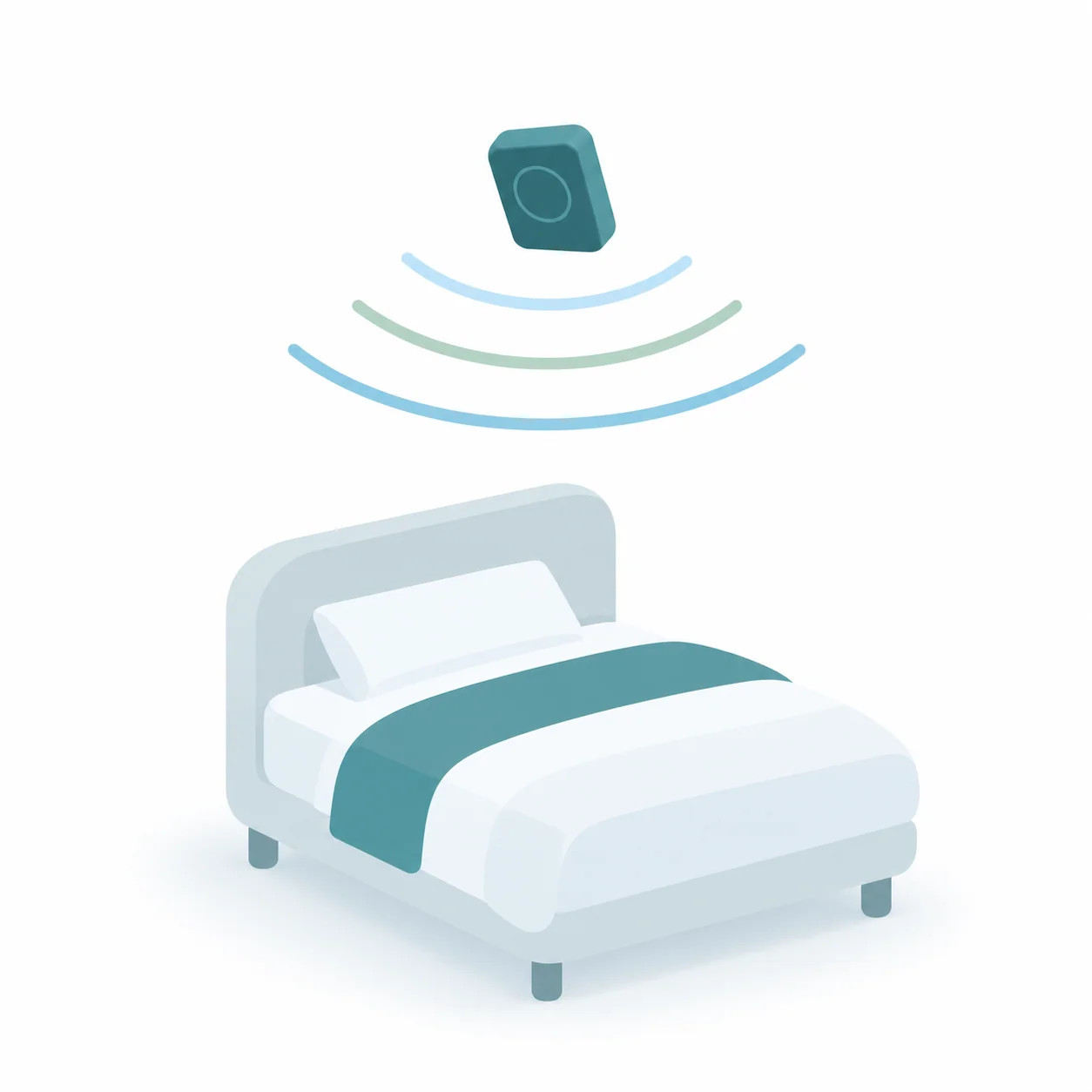 Illustration of contactless room-awareness radar above a care-home bed