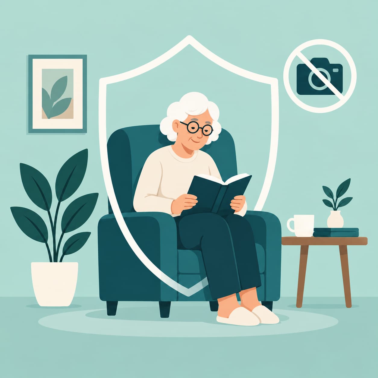 Illustration of an older woman reading in an armchair at home, with a protective shield and a crossed-out camera icon showing no recording takes place.