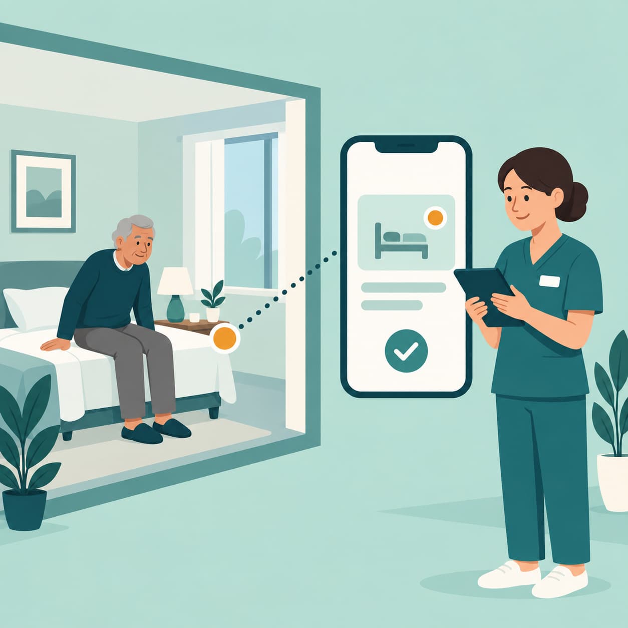 Illustration of a nurse reviewing a room-status alert on a phone, connected to an older man sitting on the edge of his bed.