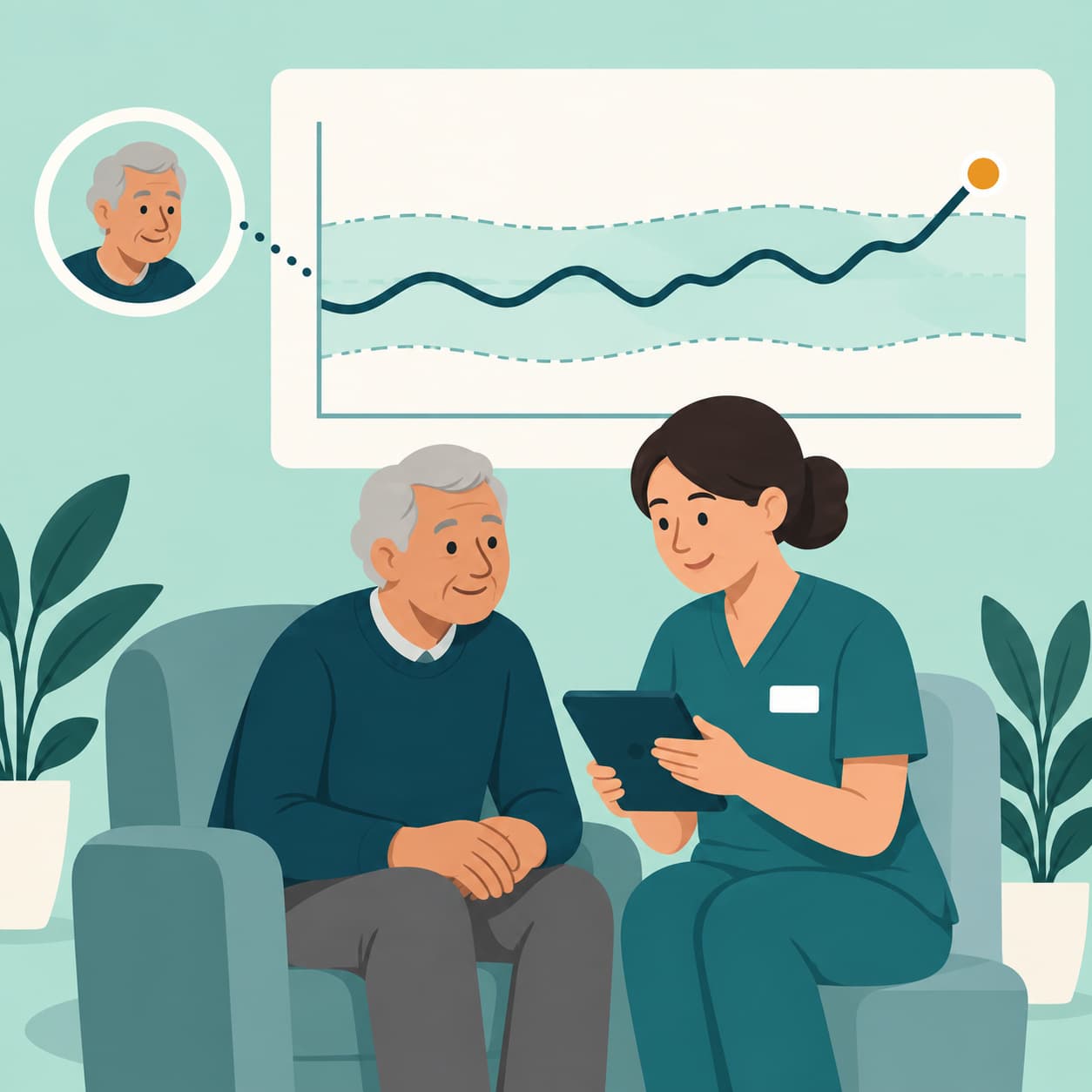 Illustration of a nurse reviewing a resident's activity trend chart on a tablet while talking with him, showing a rise above his usual baseline.