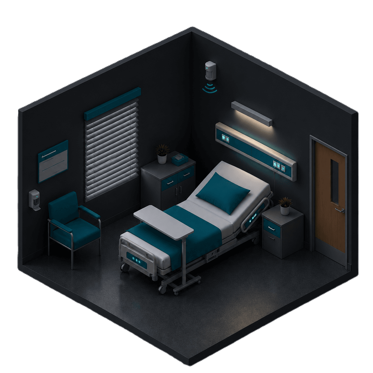 Isometric illustration of a monitored patient room with a radar presence sensor