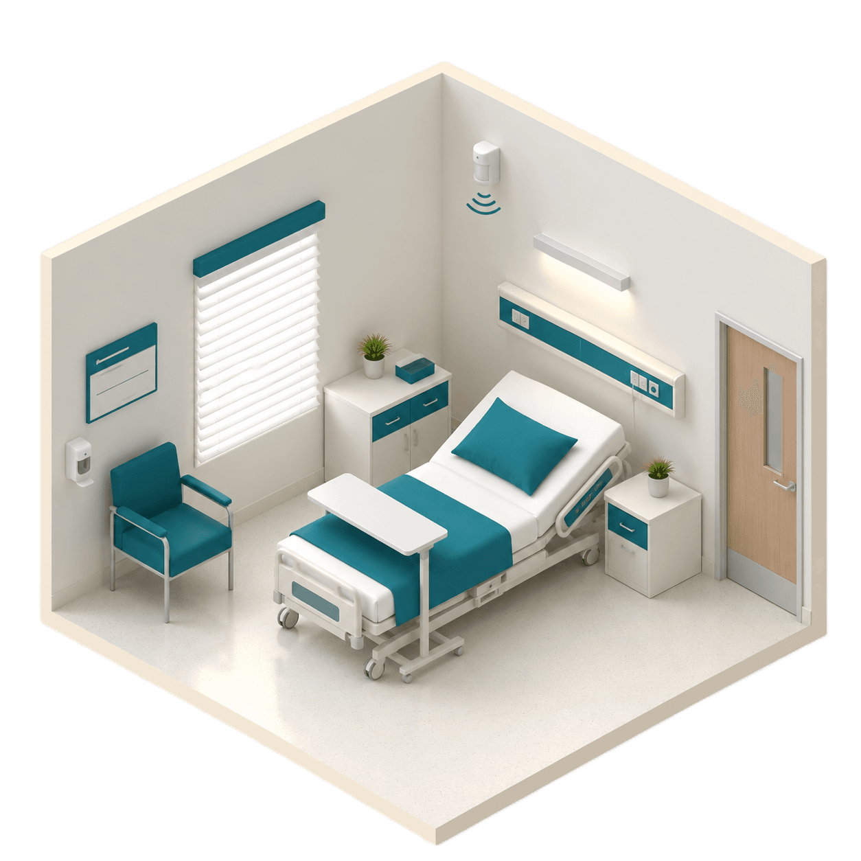 Isometric illustration of a monitored patient room with a radar presence sensor