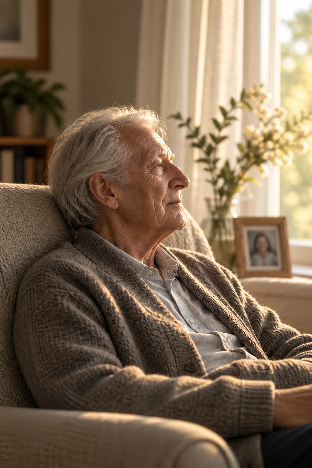 Resident sitting peacefully beside a bright window in a private room.