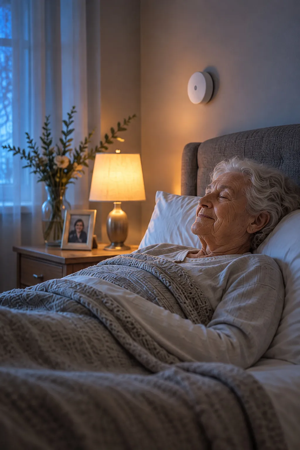 Resident resting in bed with a discreet wall-mounted radar sensor.