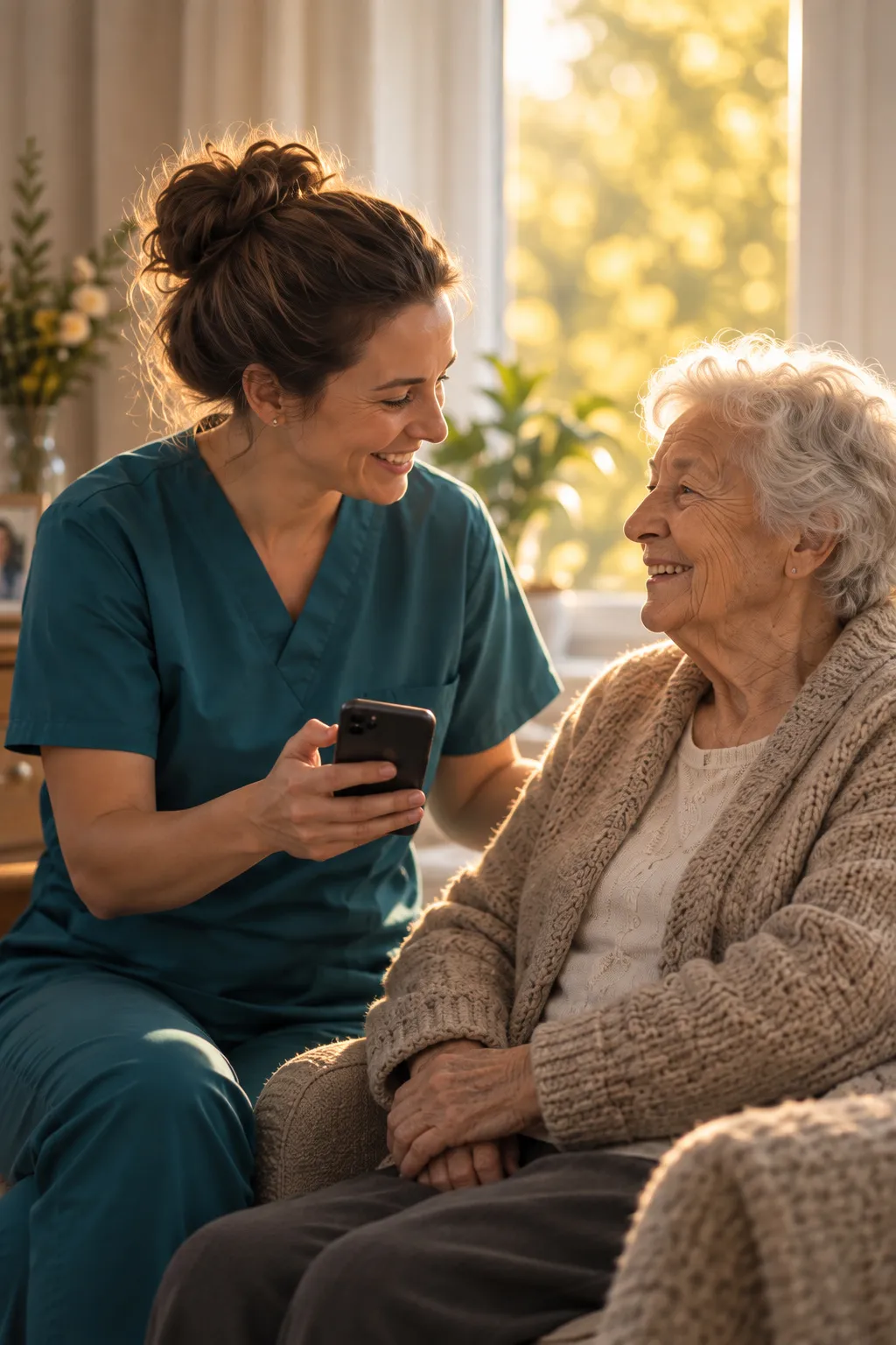 Care professional and resident using the Nurse App together.