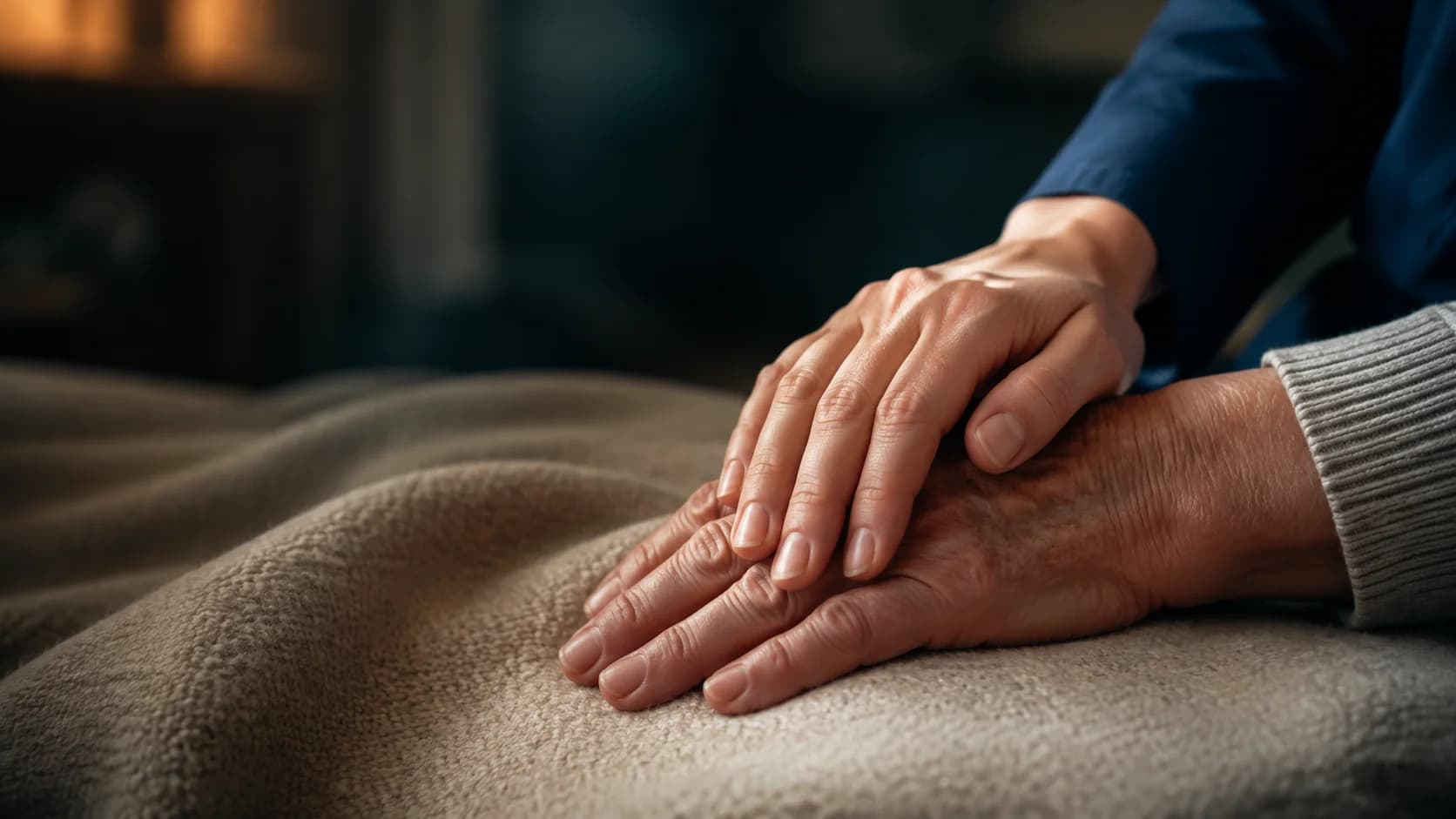 A care professional resting a reassuring hand on an older person’s hand.